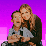 Shane and Hannah Burcaw - Hannah is a blonde woman wearing a green sweater dress and Shawn is a blonde man in a wheelchair