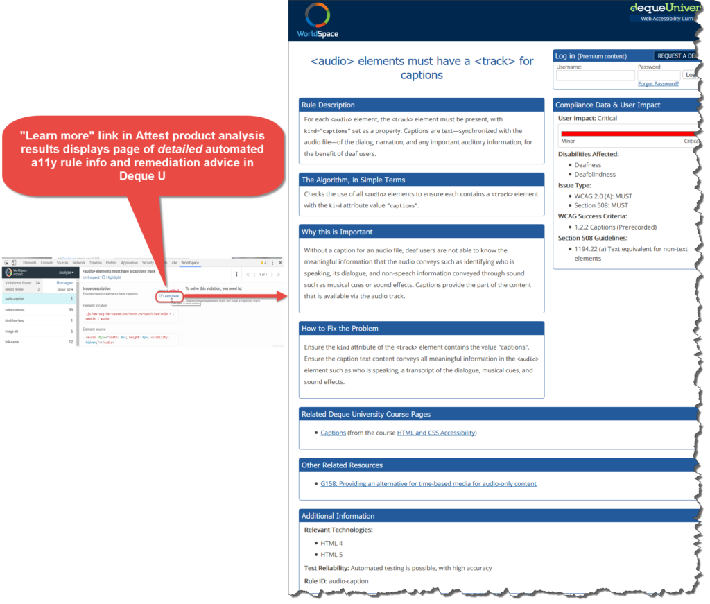 Illustrating what happens when Clicking a “Learn More” link from an Automated Rule Violation in WorldSpace Attest