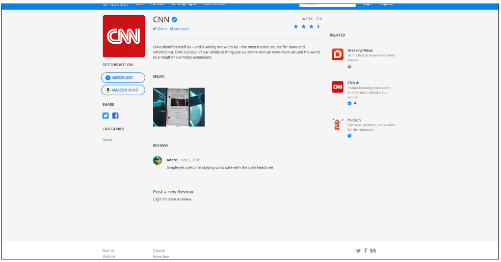 Screen capture of the CNN chatbot - https://botlist.co/bots/603-cnn