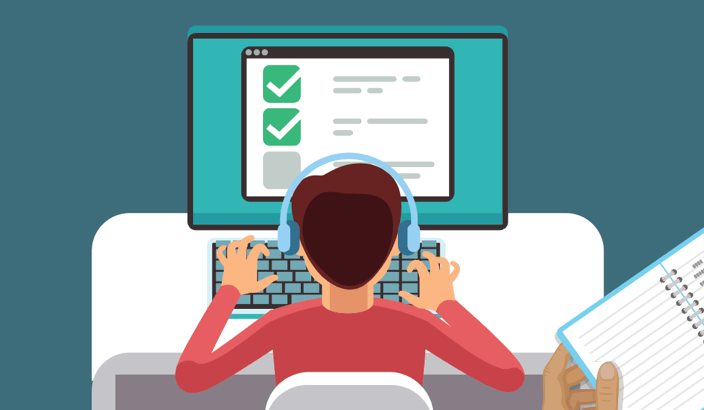 Illustration of a person with a disability participating in a usability test while a ux research is observing and taking notes.