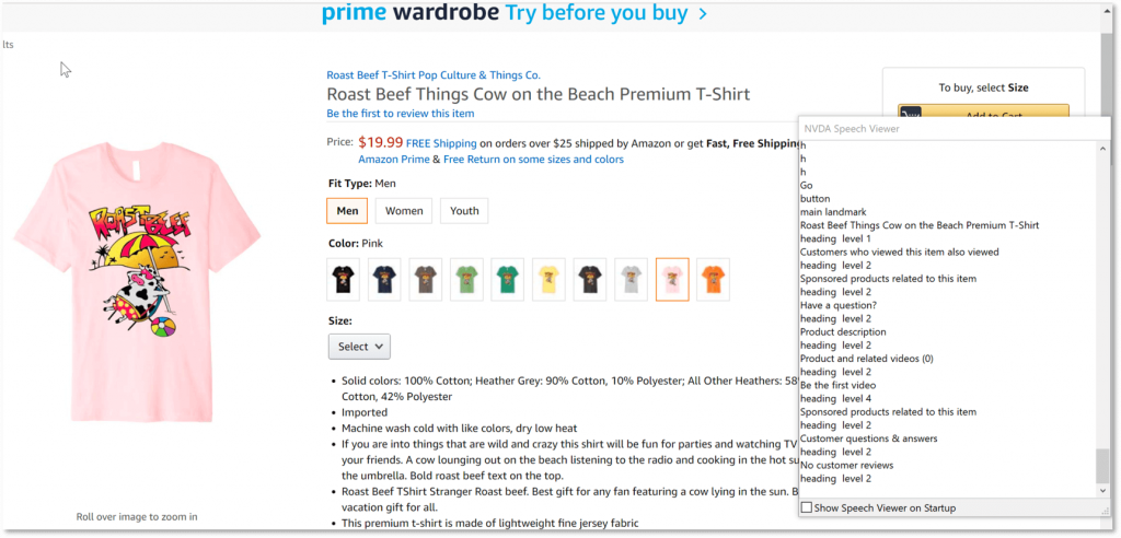 Screenshot of NVDA overlayed on amazon showing the headings and landmarks