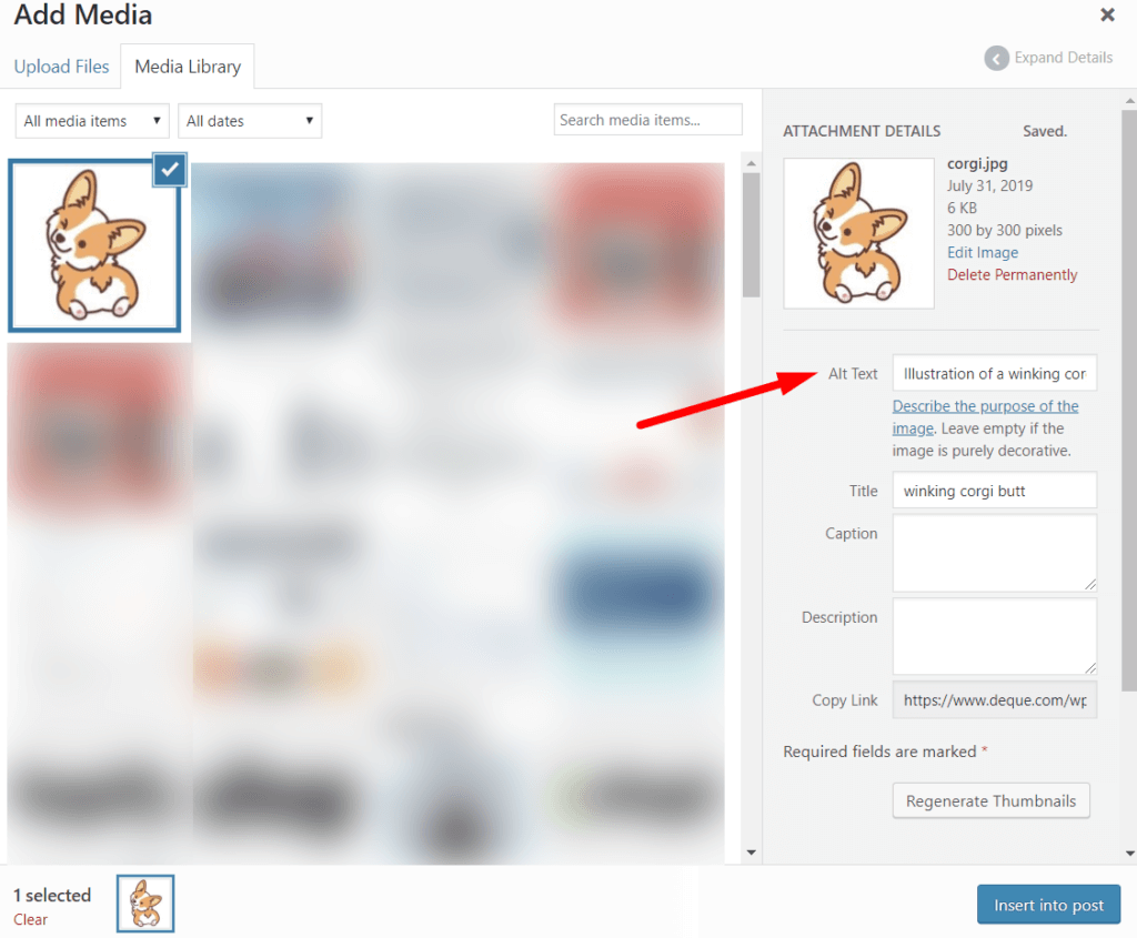 Screenshot of wordpress alt-text field in use