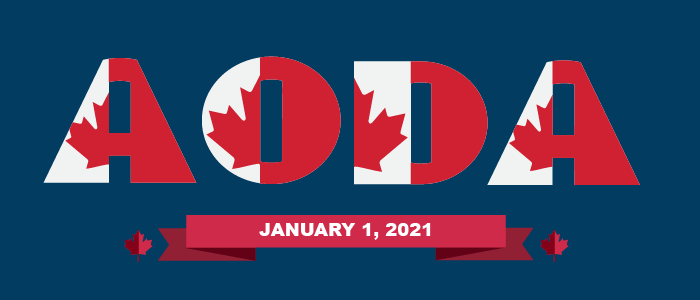 AODA letters with canadian leaf in the font and the deadline of January 1, 2021 in the ribbon below