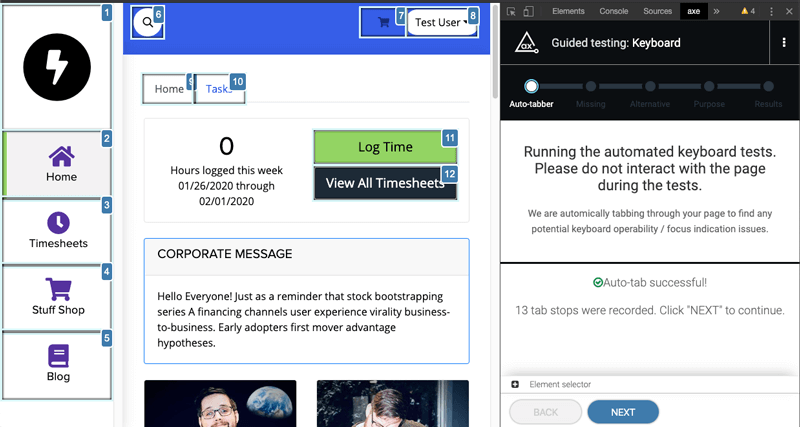 Screenshot of focus indicators highlighted via the keyboard tool