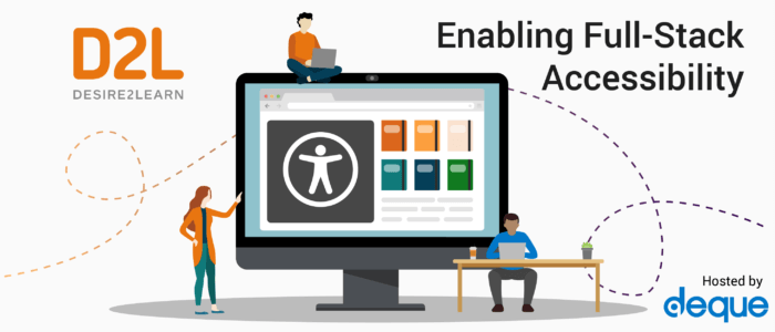 Illustration of large monitor, featuring online learning modules and D2L's logo. Three people work on computers around the large monitor.