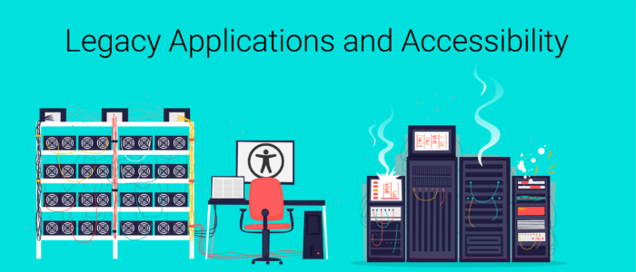 Legacy applications and accessibility illustration with old serves and accessibility symbols in the illustration