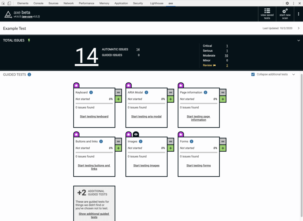 Screenshot of new Intelligent Guided Tests in refreshed axe extension UI