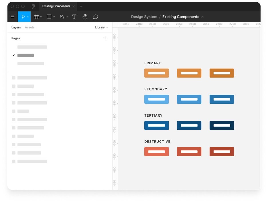 A set of buttons in Figma labelled "primary, secondary, tertiary, destructive."