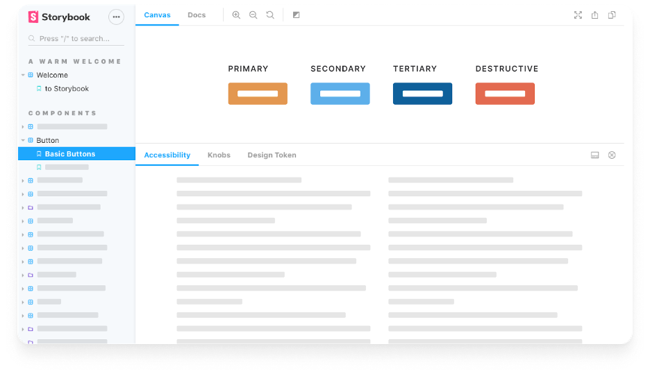 A set of buttons in Storybook labelled "primary, secondary, tertiary, destructive."