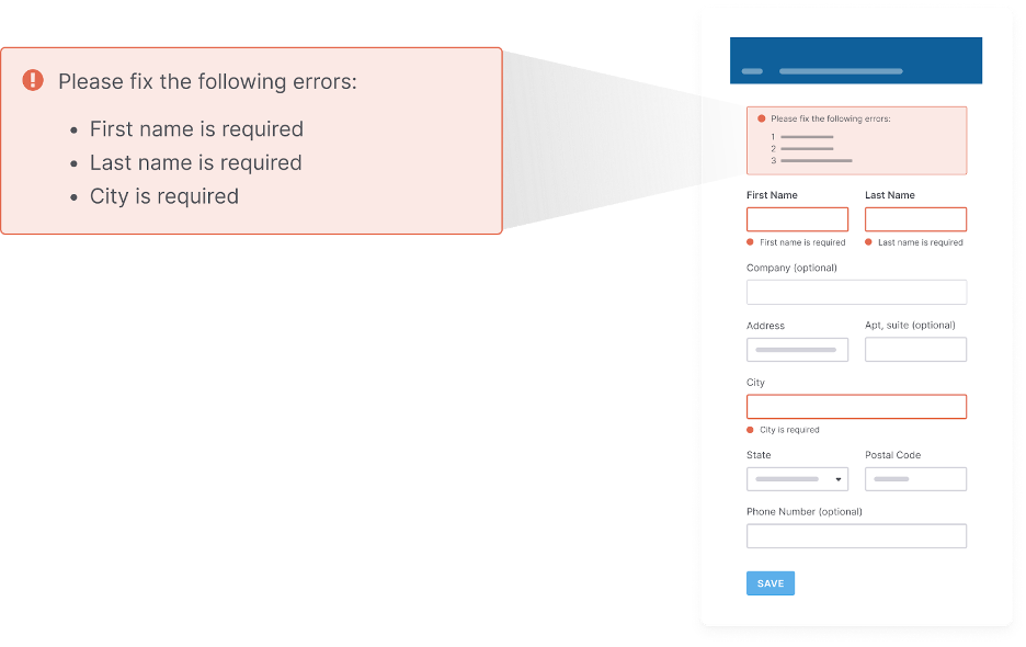 An error alert with multiple errors listed "First name is required, Last name required, City is required."