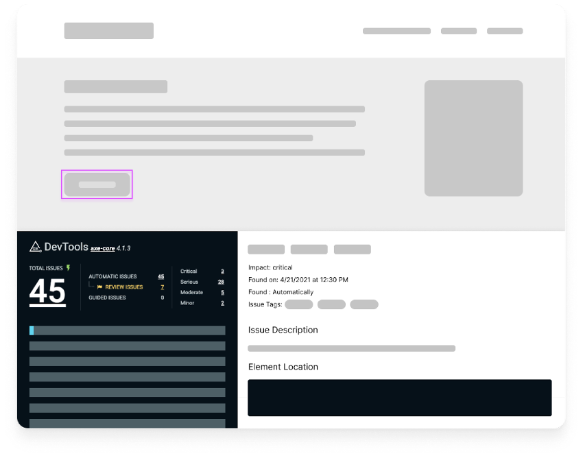 Deque's axe DevTools plugin for Chrome showing 45 issues on an example page and a button highlighted with specifics shown about that component's issues.