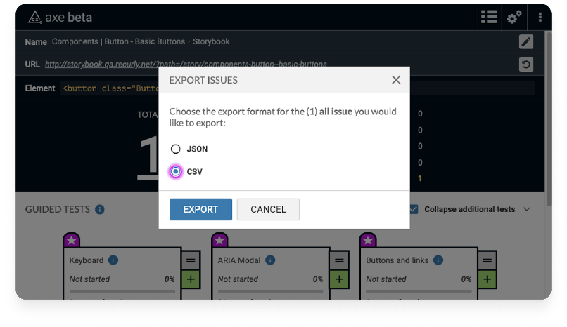 Deque's axe pro with a modal allowing an export of issues as JSON or CSV file.