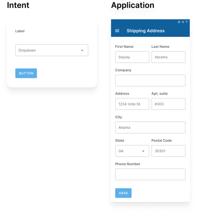 Three atomic elements: a form label, a dropdown selector, and button next to their application in the shipping address page.