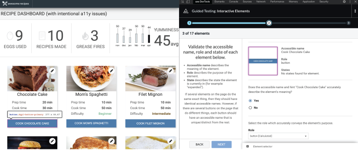 Screenshot of new "Interactive Elements" Intelligent Guided Test in the axe DevTools browser extension.