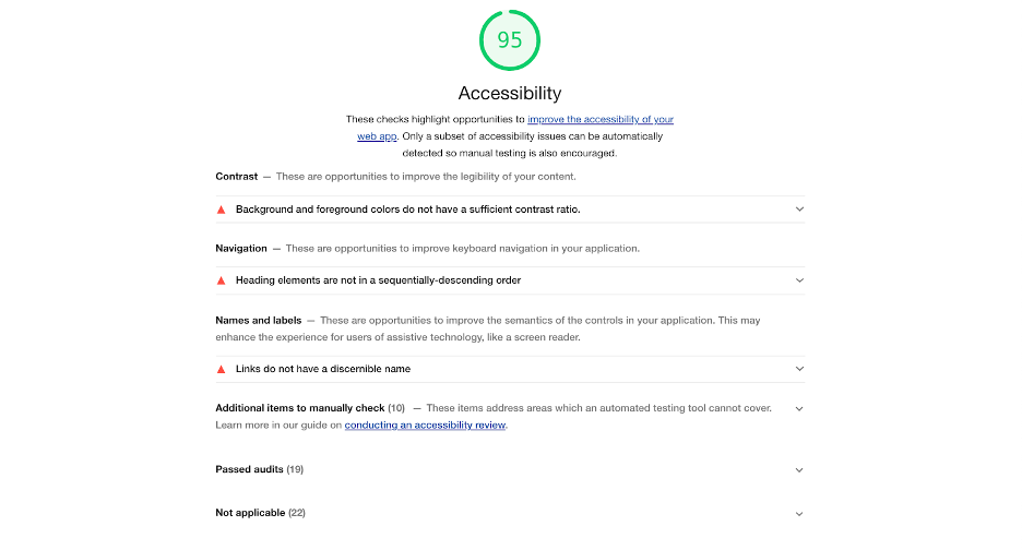 A screenshot of the Accessibility report within Google’s Lighthouse tool. The report identifies major accessibility improvement opportunities, items to check manually, and a list of passed automated audits.