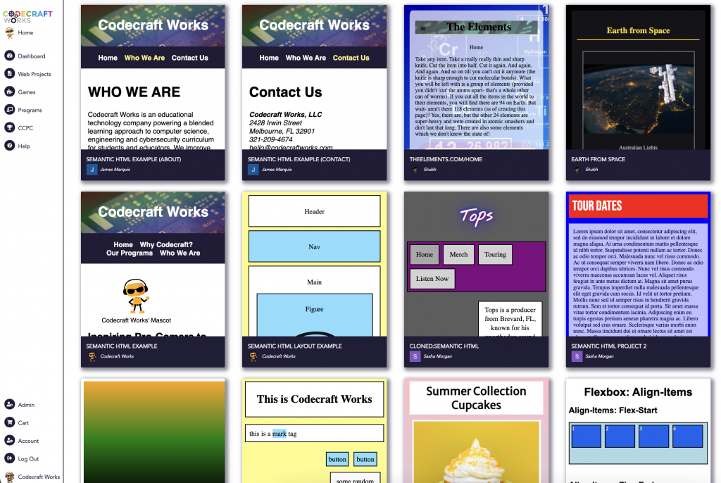 Screenshot of the Codecraft Works' web projects screen