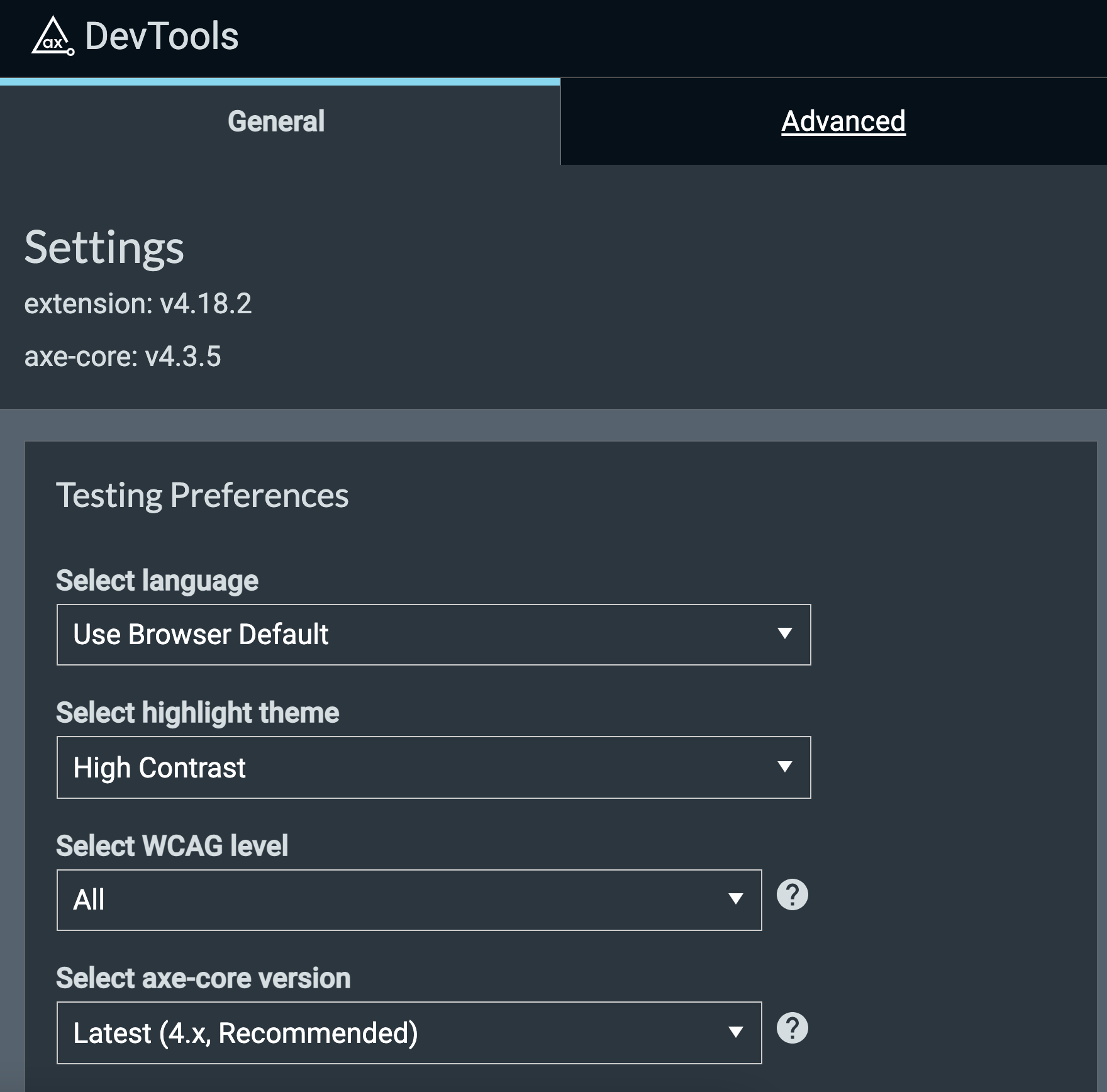 Screenshot of General Settings tab which shows WCAG level and axe-core version selection features for axe DevTools (Pro) extension users.