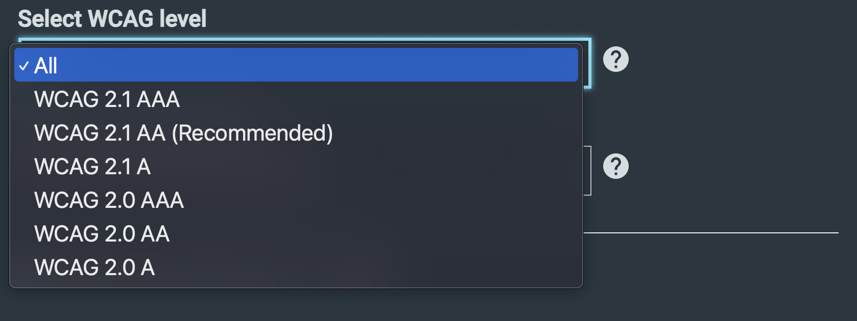 Screenshot of "Select WCAG level" setting with options to choose WCAG 2.1 Level A or AA or WCAG 2.0 Levels A, AA or AAA.