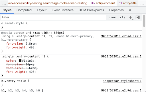 Google Chrome developer tools showing the style properties for the selected element. This pane allows you to toggle the properties on and off so that you can easily sample your changes.