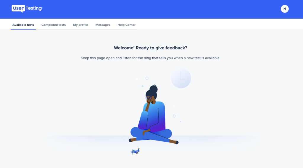 Screenshot of the UserTesting UI showing the contributor view. The page reads, welcome, ready to give feedback?