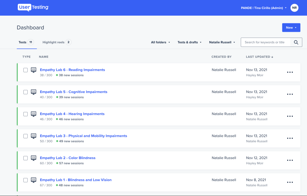 Screenshot of the UserTesting customer dashboard, showing six accessibility training modules.