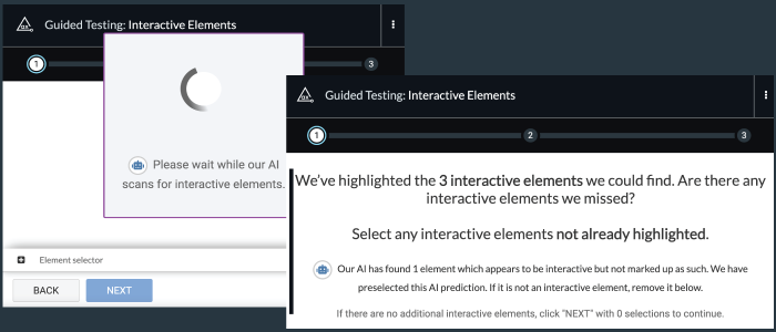 Screenshot of new AI notifications in the Interactive Elements Intelligent Guided Test within the axe DevTools browser extension.