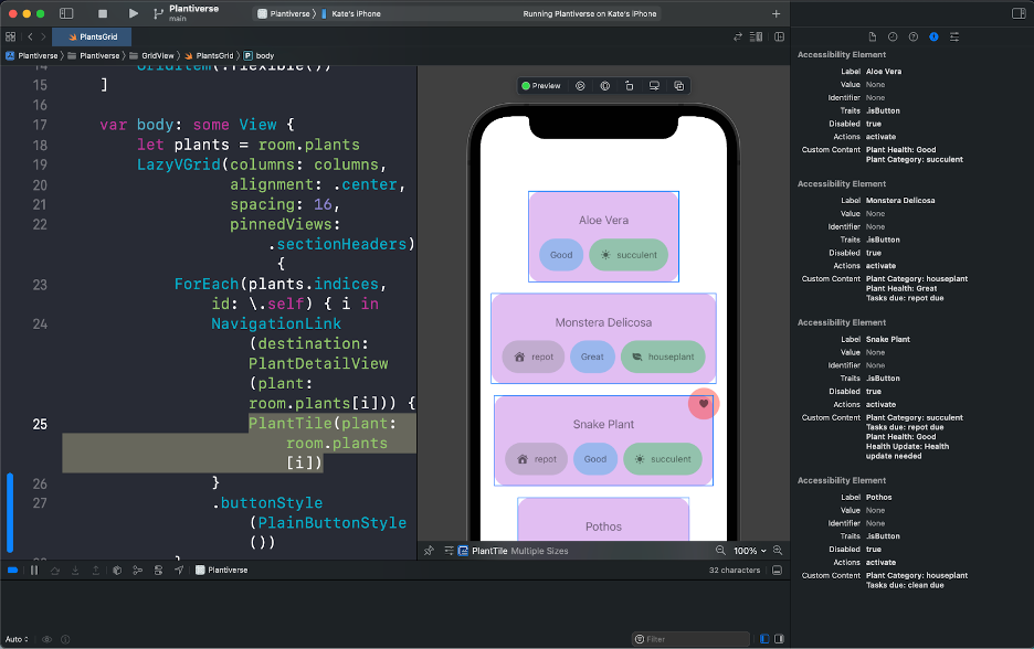 A screenshot of the Accessibility Panel open in Xcode at the far right panel; the accessibility panel list each accessibility element and it’s corresponding accessibility properties- in this case, label, traits, disabled, actions and custom content. 