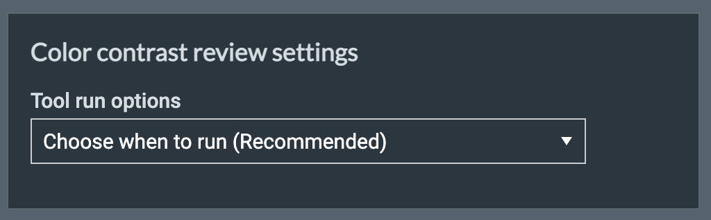 Screenshot of the axe DevTools extension dispalying the Color contrast review settings which allow you to choose "Tool run options".