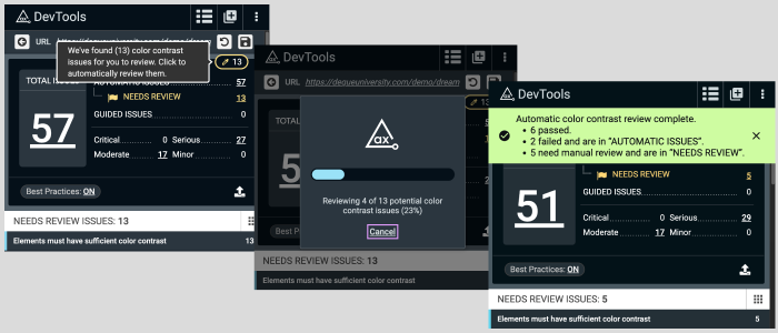 Screenshots of the new color contrast analyzer tool in the axe DevTools extension showing (1) the tool has found color contrast issues that need further review, (2) the tool using machine learning to see if any issues can be resolved automatically, and (3) the results: some issues were resolved, some were move to automatic issues, and some still need to be manually reviewed.