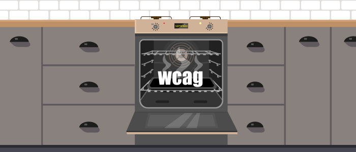 Illustration of an open kitchen oven with the text "wcag" still inside