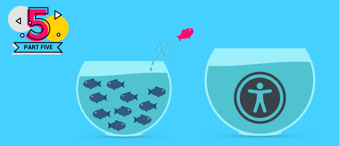 One fish jumping away from group into a new bowl with an accessibility icon in it (Change Management illustration for part 5)