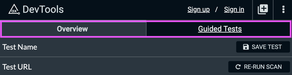 Screenshot of the new tabs for “Overview” and “Guided Tests” in the axe DevTools extension.