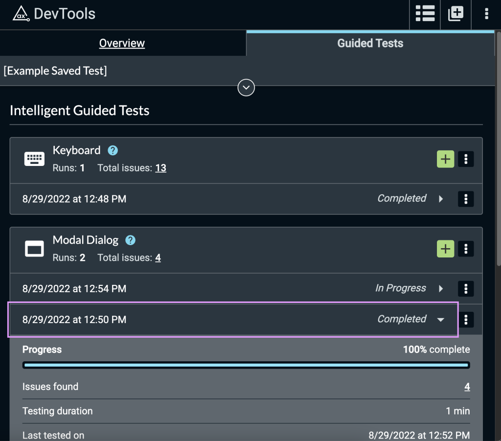 Screenshot of the Modal Dialog Intelligent Guided Test with 1 run in progress and 1 completed in the axe DevTools extension.