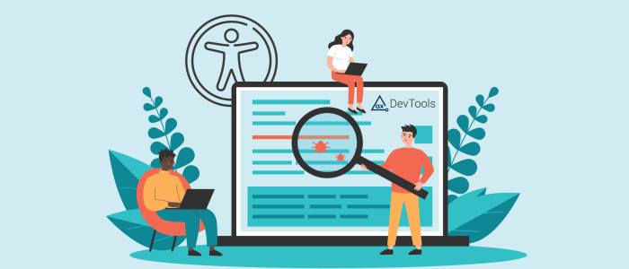 Developers finding bugs within code on a website using axe DevTools.