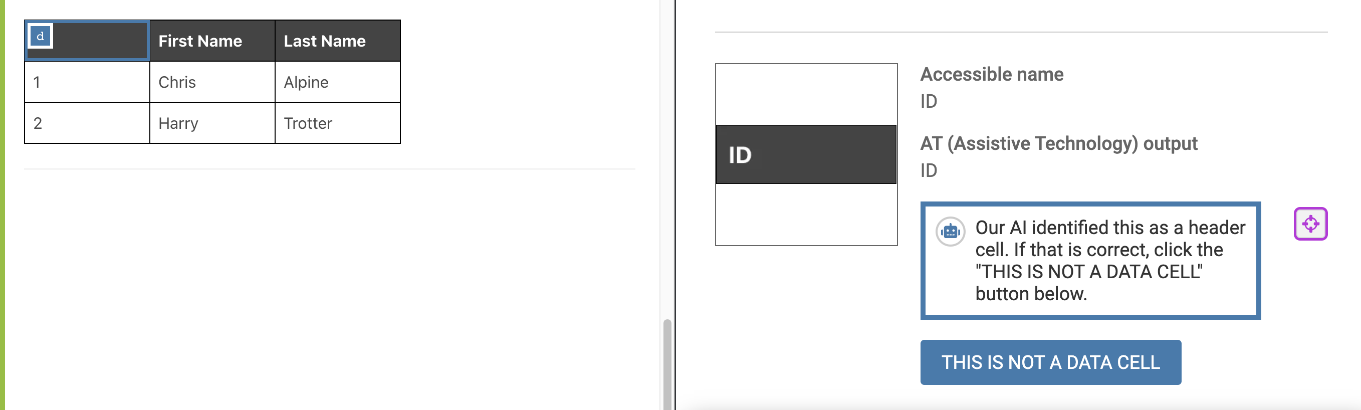 Our new IGT for data tables identifies table issues quickly and provides context to remediate. Our AI and machine learning (ML) identified a header cell. If that is not correct, select "this is not a data cell".