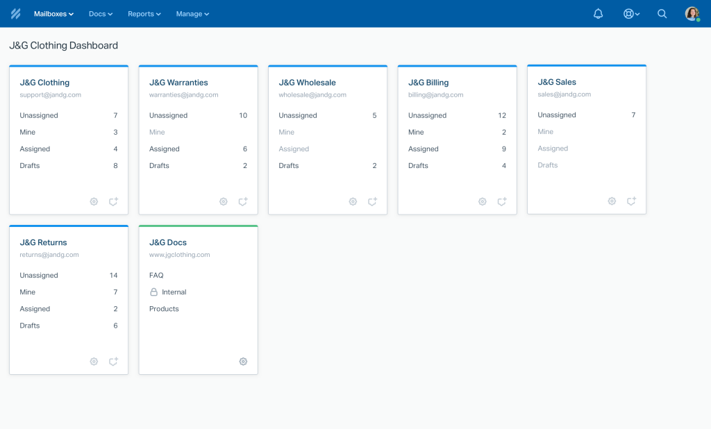 Screenshot of Help Scout platform showing multiple mailboxes.