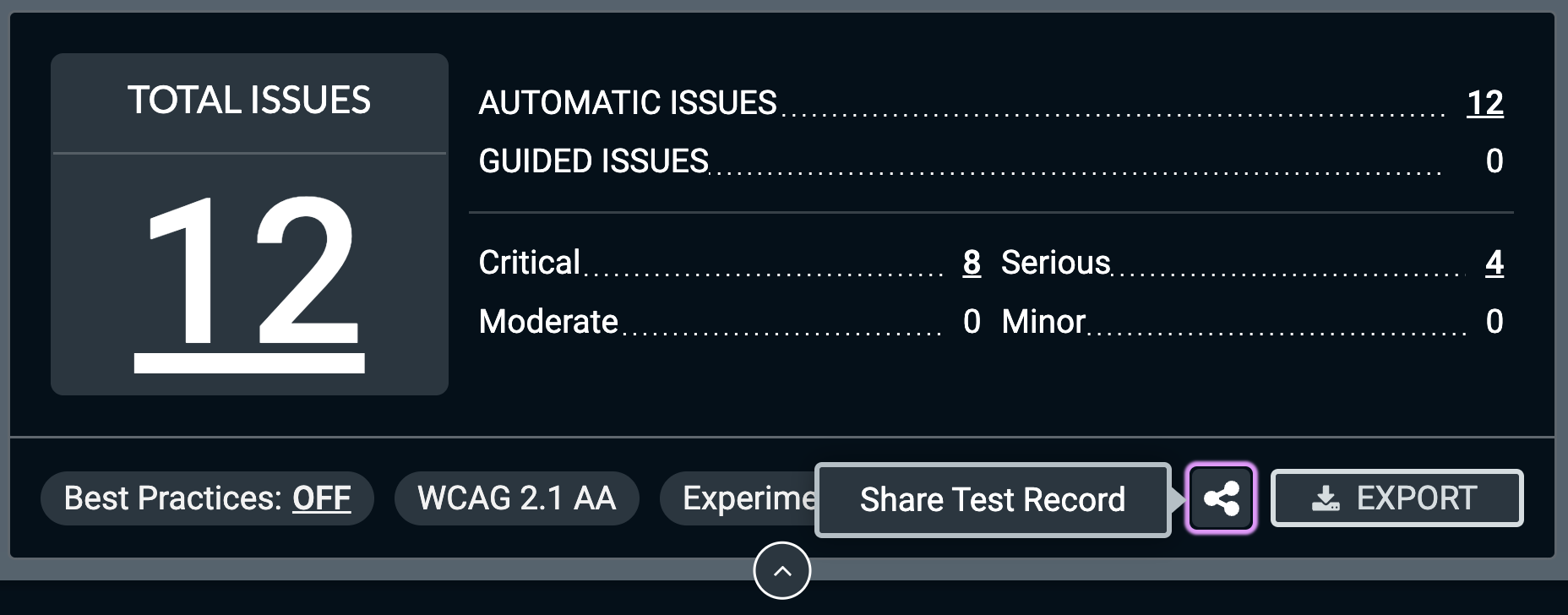 Screenshot of the new "Share Test Record" icon in the axe DevTools browser extension.