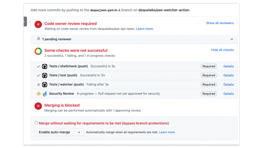 A dashboard indicating that a pending code release is being blocked because it has accessibility issues.