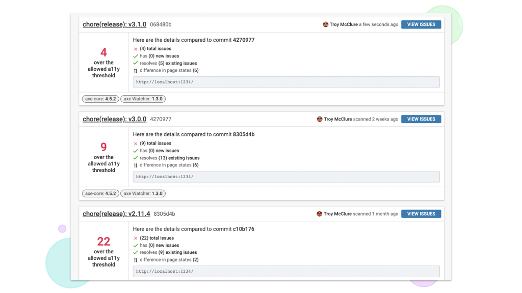 A comparative accessibility report showing the number of issues by release for 3 different releases.