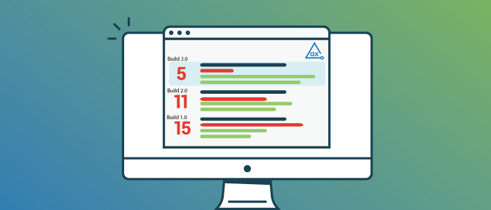 Illustration of a comparative accessibility report showing the number of issues by build for 3 different builds.