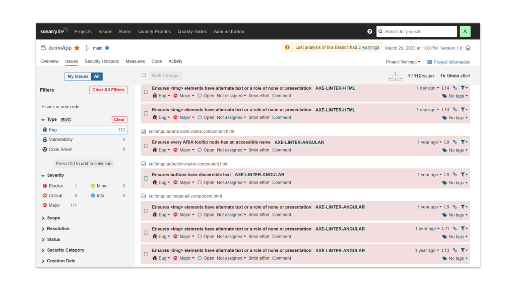 Screenshot from within the SonarQube environment showing a list of code issues found by the axe DevTools Linter with severity and description of each issue.