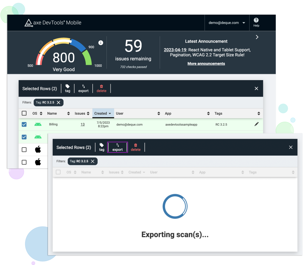 Screenshot of the axe DevTools Mobile dashboard and a scan being exported.