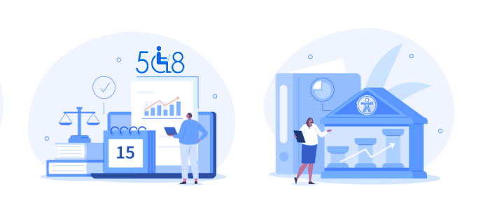 Illustrated man with laptop looking at judicial scale, Section 508 report graph and calendar on the left and woman with clipboard looking at government building with digital accessibility icon on the right