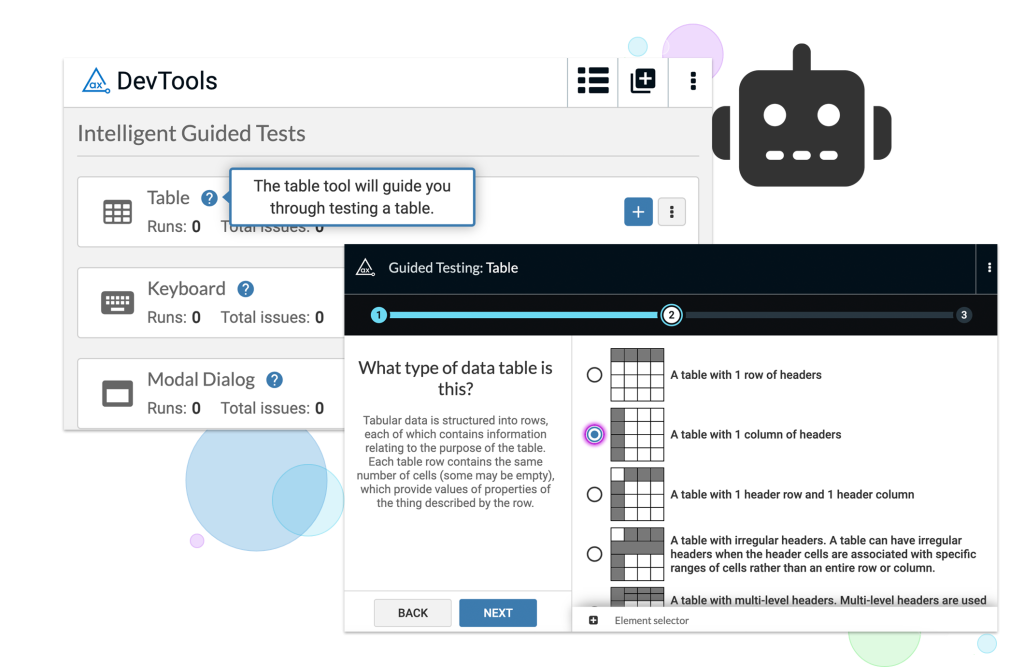 Screenshot of the the Table Intelligent Guided Test in the axe DevTools browser extension.