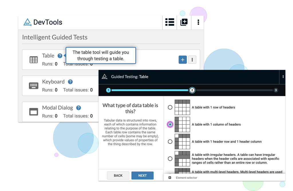 Screenshot of the the Table Intelligent Guided Test in the axe DevTools browser extension.