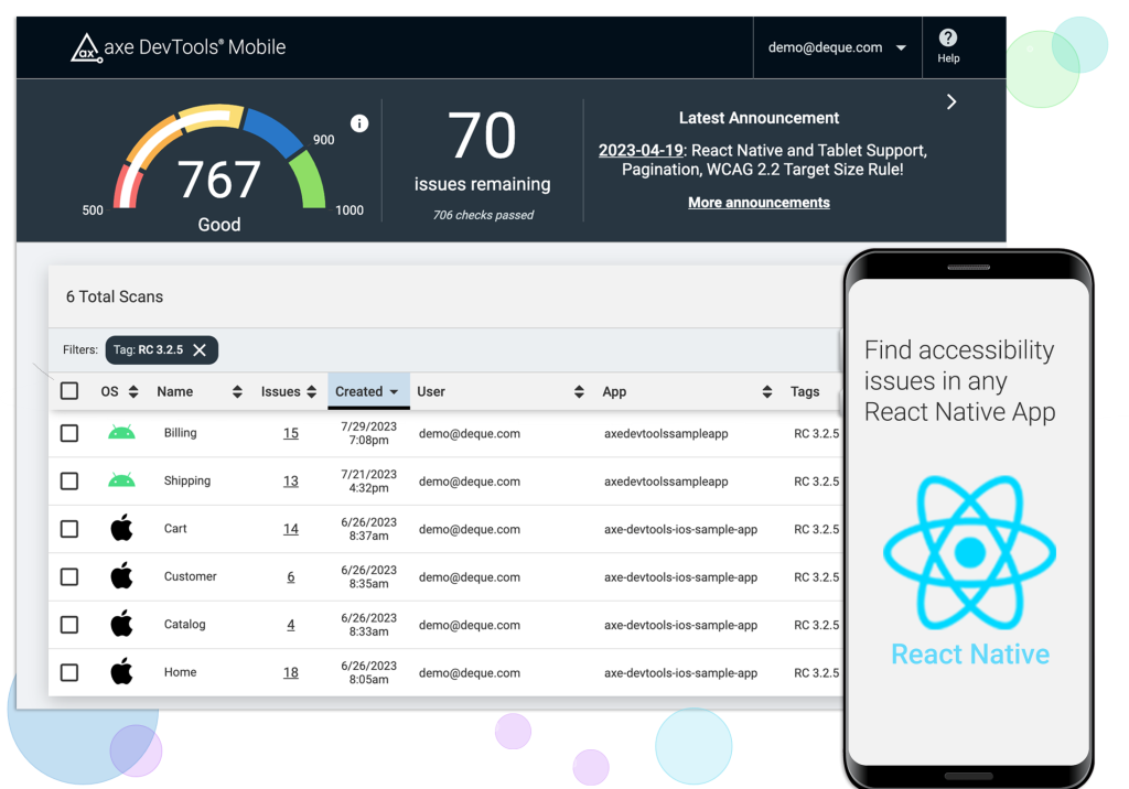 A screenshot of the axe DevTools Mobile dashboard and a phone that says 