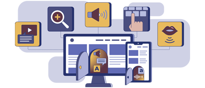 Computer monitor and mobile phone screen surrounded by design systems icons: pressing play, zooming in, turning up sound, clicking keyboards and talking into devices.