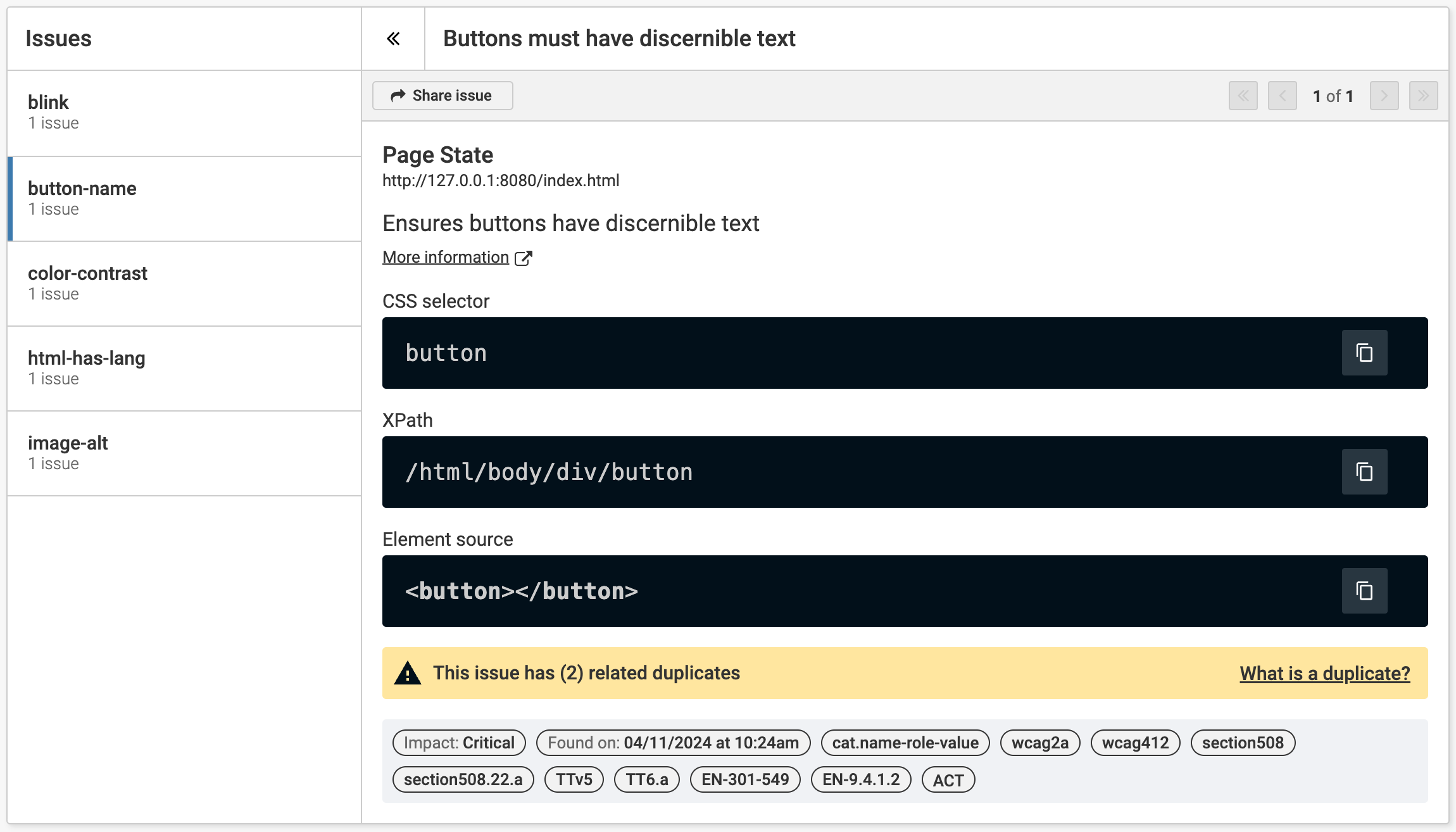 Screenshot of axe Developer Hub report. The report shows an issue which has 2 duplicates. There is a yellow warning at the bottom of the issue report which makes it clear that duplicates are recorded.