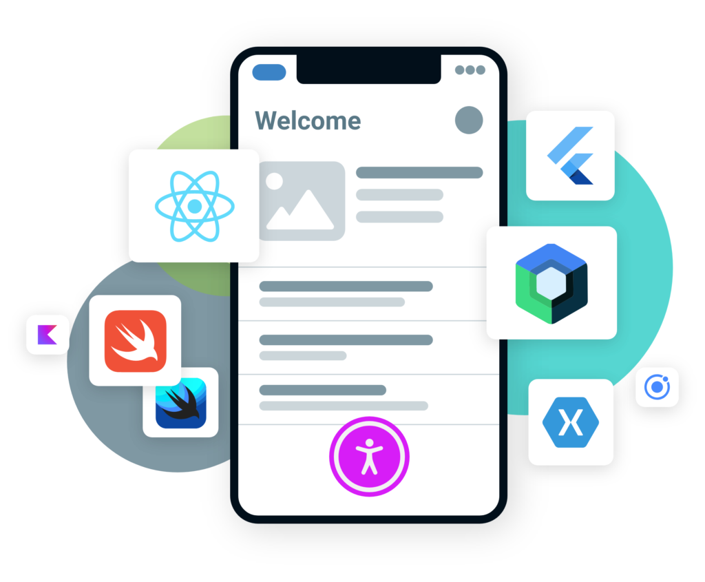 Illustrationg of mobile devices with an accessibility icon button and many axe DevTools Mobile integration logos.