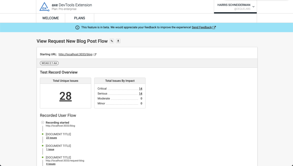 Screenshot of the report showing unique issues found in each state of the recorded user flow.